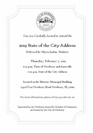 State of the City Invitation, Thursday, February 7, 2019. Taste of Newberry 6:30 pm