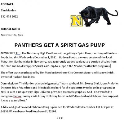 Gas Pump Ribbon Cutting Ceremony Wednesday, December 1, 2021, 4:30 pm at the Marathon Gas Station in Newberry Florida