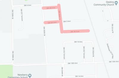Map indicating road closures of SW4th Ave, SW 5th Ave, SW 254th Street, and SW 7th Ave.