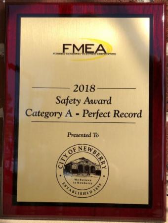 FMEA 2018 Safety Award Category A-Perfect Record presented to the City of Newberry